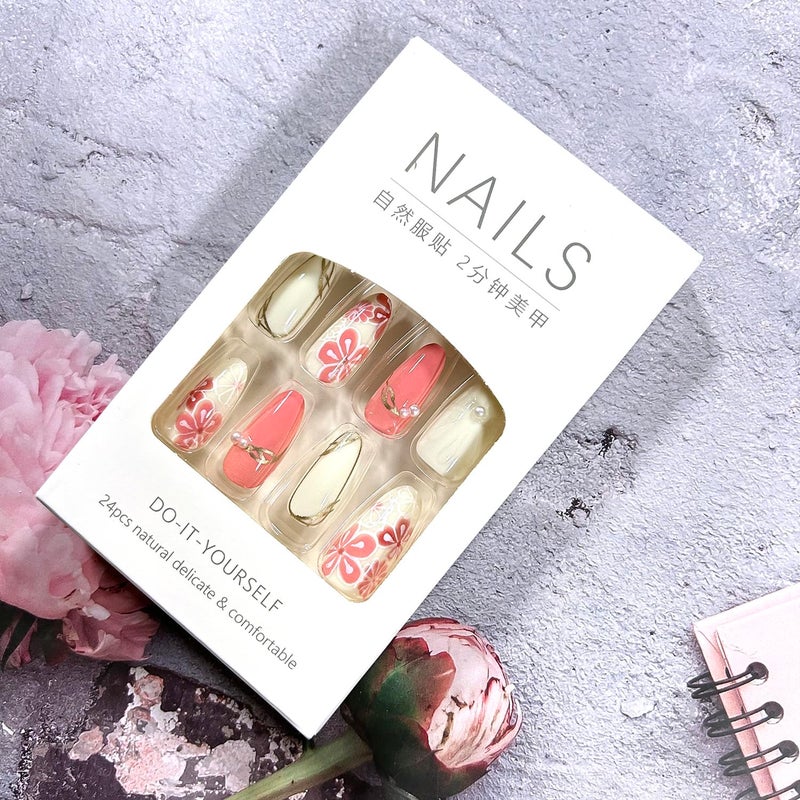 CJDLTS Flower Medium Almond Shaped 3D Pink Floral with Pearl Glossy Design Stick on Nails Glue on Full Cover Reusable Coffin Press on Nails Artificial Acrylic Fingernails for Women Manicure 30Pcs - Image 5